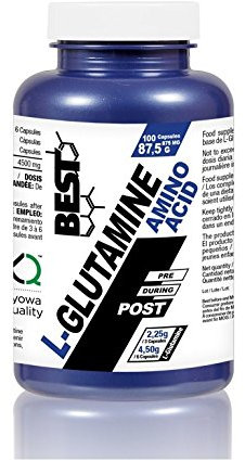 BEST PROTEIN, L-Glutamine, Aminoácido en cápsulas, Mantenimiento y desarrollo de la masa muscular, Post entrenamiento, Sabor neutro, 89 g = 33 servicios