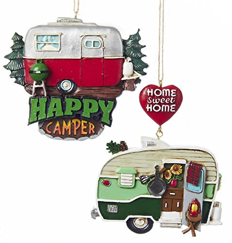 Resin Painted Camper Hanging Ornament - Set OF 2 - home Sweet Home & Happy Camper