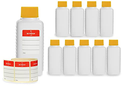 Octopus Bouteilles en Plastique 10 x 100 ML, Bouteilles en Plastique PE-HD avec Bouchon à vis de Jaune, Bouteilles vides avec Bouchons à vis Jaune, Bouteilles carrées. Dix étiquettes incluses.