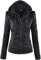 Newbestyle Lederjacke Frauen Kunstlederjacke mit Kapuze Moto Biker Jacke Full Zip Plissee Mantel Casual Mantel Warm Tops, Schwarz, 36
