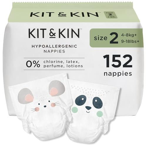 Kit & Kin Premium Windeln Größe 2 (4-8 kg) 152 Stück, Pflanzliche & Hypoallergene Babywindeln, Zuverlässiger Auslaufschutz, Vegan & Tierversuchsfrei