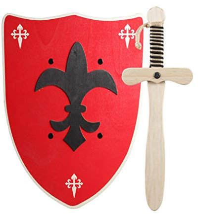 GERILEO Ritter Schwert und Schild aus Holz, Handgefertigtes - Spielzeug für Jungen, Mädchen, Kinder - Ergänzung für Spiele, Imitationsspiele, Kostüme, Mittelalter, Krieger, Mottoparty (Rot Schild)
