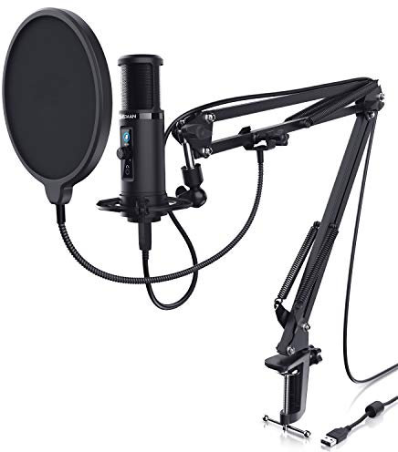 CSL - Kondensatormikrofon USB mit Mikrofonarm - Studiomikrofon Set - Mikrofon mit Mikrofonarm, Spinne und Nierencharakteristik - Drehregler - Monitoring Echtzeitkontrolle – Podcast PC Streaming