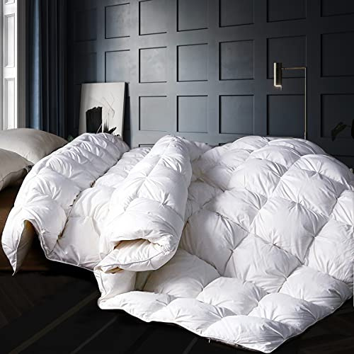Alanzimo Luxuriöse Ganzjahres-Bettdecke aus 50% weißen Gänsedaunen, Queen-Size-Größe, mittlere Wärme, ultraweich, 750 Füllkraft, weiße Bettwäsche mit 8 Registerkarten, 228 x 228 cm, Quetschfalte