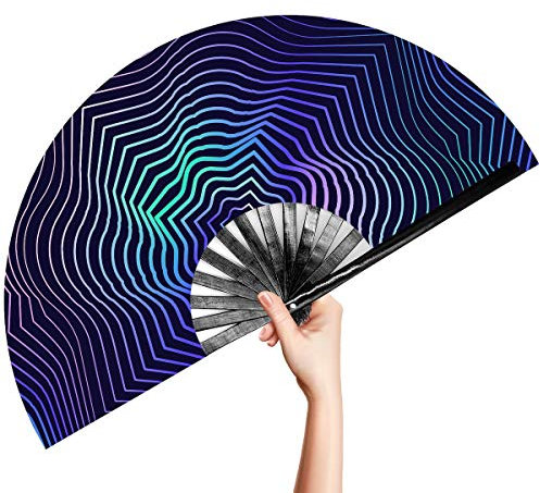 OMyTea Rave Clack Hand Fan for Men/Women - Large Chinese Japanese Bamboo Folding Handheld Fan - for EDM, Music Festival, Club, Event, Party, Dance, Performance, Decoration, Gift (Illusion Trippy)