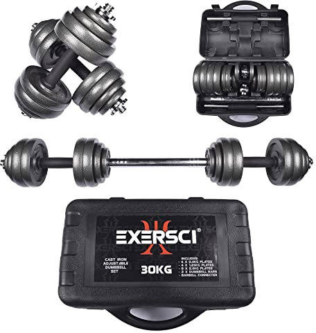 Exersci Cast Iron Adjustable Dumbbell/Barbell Box Set 30 KG - Bicep Curl, Tricep Extension, Bench Press, Upright Row- Fitness Workout Home Gym