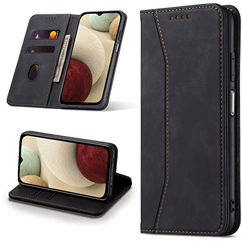 Leaisan Handyhülle für Samsung Galaxy A12 Hülle Premium Leder Flip Klappbare Stoßfeste Magnetische [Standfunktion] [Kartenfächern] Schutzhülle für Samsung Galaxy A12 Tasche - Schwarz