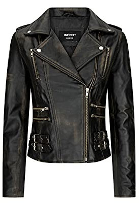 TruClothing.com Giacca Corta da Donna in Vera Pelle Stile Biker Chiodo Retro Vintage - Nero-Vegas L
