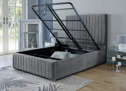 Ottoman Bed Double| 4.6ft Double Storage Bed with Gas Lift Up Heavy Duty Mesh Frame, Upholstered Base and Headboard (Grey)