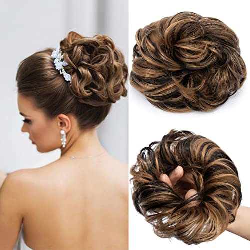 Cybelleza Haarteil Haargummi Haarverlängerungen Scrunchie Hochsteckfrisuren Pferdeschwanz Gewellt Gelockt Lockiges Haar Voluminös Haarknoten Messy Bun Dutt, Dunkelblond&Mittel braun