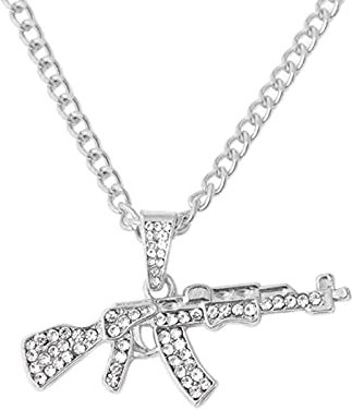 Hip Hop Punk Halskette Anhänger Gewehr AK-47 mit funkelnden Strasssteinen, Strass, Silber,Strass