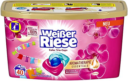 Weißer Riese Color Trio-Caps Aromatherapie Essentials (40 Waschladungen), Waschmittel mit Orchidee & Macadamiaöl, pflegendes Colorwaschmittel mit ätherischen Ölen, die zu 100% natürlich sind