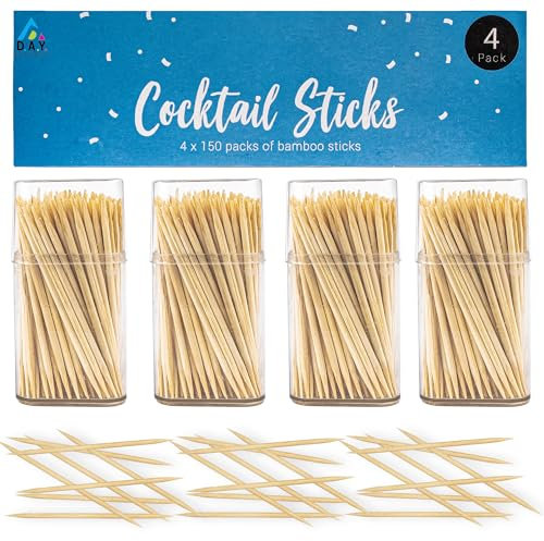 Palillos de cóctel redondos grandes de 6 cm, palillos de madera en caja de almacenamiento, robustos, seguros, púas de doble cara, aperitivos canapé, barbacoa (500 palos de cóctel)