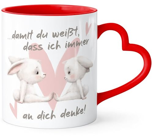 SpecialMe® Tasse mit Herz-Henkel Spruch Geschenk Liebe Freundschaft Hasen-Paar Herz Damit du weißt dass ich an dich denke weiss-herz-innen-rot Herz-Tasse