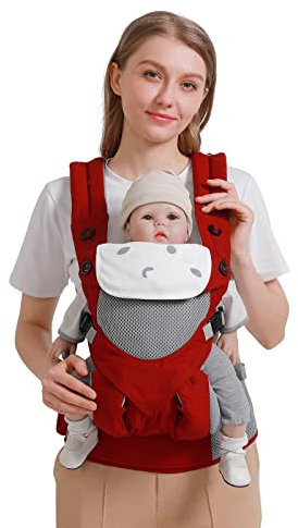 SONARIN 3-in-1 Atmungsaktive Babytrage,Multifunktion Leichte Babytragetasche Ergonomisch Kindertrage Baby Tragesystem für Neugeborene ab Geburt 3-48 Monate,Bauchtrage Rückentrage(Rot)