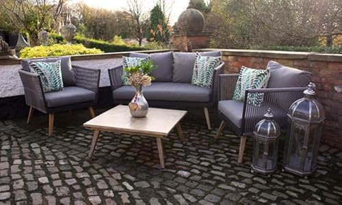 Primrose Living Rattan Rope Detail Patio Sofa and Twin Armchair Garden Furniture Set with Coffee Table in Grey