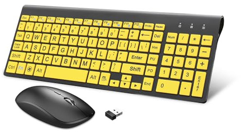 HXMJ-Wireless Large Print Keyboard and Mouse Set with USB Receiver| Quiet Scissor Switch | for Seniors and Visually Impaired Low Vision Individuals-Yellow