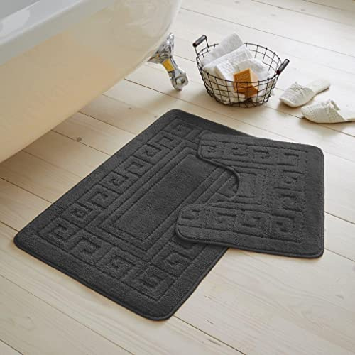 2 Pieces GREEK Bath Mat Rugs for Bathroom - Non Slip Anti Mould Bath Mat Set - Soft - Extra Water Absorbent Pedestal Ultra Plush Bathroom Mats Toilet Shower Set (Charcoal)