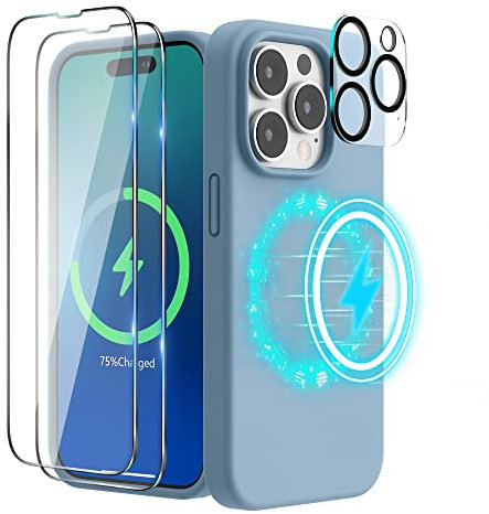 SURPHY Magnetic Case Designed for iPhone 14 Pro Case, Liquid Silicone with 2 Pack Screen Protector + 1 Pack Camera Lens Protector, Compatible with MagSafe for iPhone 14 Pro 6.1 inch, Blue Fog