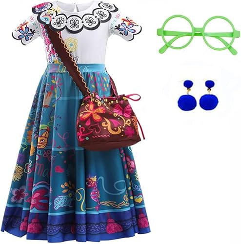 Yigoo Mirabel Prinzessin Kostüm Mädchen Madrigal Cosplay Kleid Outfit Kinder für Karneval Party Halloween Fest Weihnachten Verkleidung mit Tasche Brille Ohrring 160