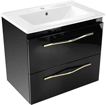 Kermamik Waschbecken mit Unterschrank 60 cm Breit Girona Sink2, Waschtisch mit Unterschrank Hängend mit Schubladen, Waschplätze, Waschbeckenunterschrank Schwarz Hochglanz mit Goldgriff