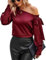 VIDUSSA Women's Silk Satin Shirt Blouse Long Sleeve Off The Shoulder Tops Ladies Casual Going Out Tops Wine Red L