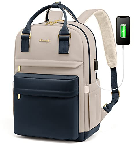 LOVEVOOK Laptop Rucksack Damen, 15,6 Zoll Schulrucksack Mädchen mit Laptopfach, Wasserdichter Schultasche Daypack Elegant für Schule Uni Reisen Arbeit, Dunkelblau Hellbraun