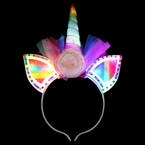 Wishstar Serre-tête licorne multicolore et lumineux - Serre-tête licorne à LED - Pour adultes et filles - Avec oreilles en corne et fleurs - Accessoire pour anniversaire, fête, Halloween, carnaval