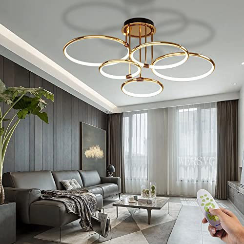 WERSVG Dimmbare gold 5-Lampe Deckenlampe LED Deckenleuchte Modern Wohnzimmerlampe Deckenleuchte 108W 8650LM Flurlampe Decke für Wohnzimmer Schlafzimmer Arbeitszimmer Esszimmer 5-Ring