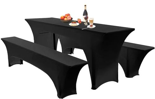 Elastische Hussen Für Bierzeltgarnitur Biertischhussen Bierbank-Auflage & Tischdecke 50 cm Oder 70 cm Tischbreite, 3 TLG Set Stretch Hussen Für Festzeltgarnituren Bierbank (50cm,Black)