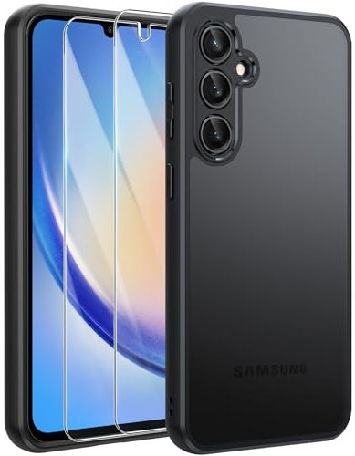 FLLAO Opaca Cover Compatibile con Samsung Galaxy A34 5G con 2 Vetro Temperato, [Della Fotocamera Protezione] Anticaduta Antiurto Hard PC Traslucida Custodia Compatibile con Samsung Galaxy A34 Nero