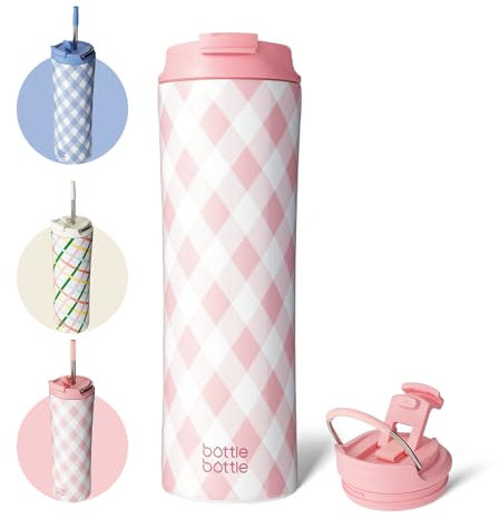 BOTTLE BOTTLE Insulated Water Bottle Coffee Tumblers with Dual-use Lid and Straw Double Walled Iced Travel Coffee Mug for Woman and Man 24oz Stainless Steel Tumbler with Handle(Rosette)