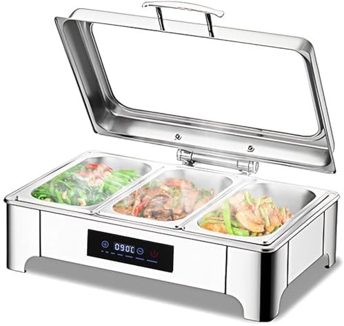 VFDZ Chafing Dish Elektrisch 9L (B, 1/3 PAN) | Catering Warmhaltebehälter Smart-Temperaturanpassung, Rechteckiger Chafing Dish Set Speisenwärmer mit Sichtbarem Glasdeckel