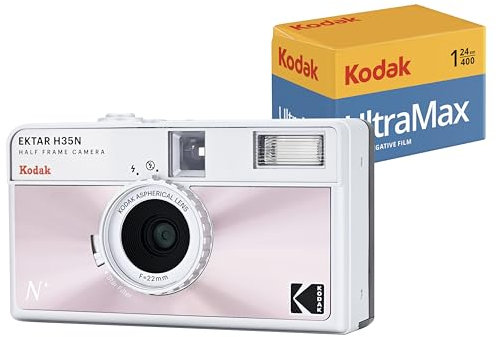 KODAK EKTAR H35N - Set di fotocamere a pellicola mezza cornice con pellicola Kodak Ultramax 400/24EXP da 35 mm (rosa smaltato, pacchetto)