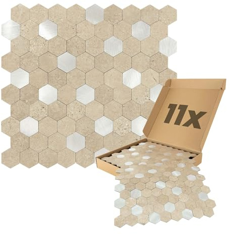 Dalsys 11x Wandpaneele selbstklebend 0,88m² Sand/Silber | Wandverkleidung in Hexagon Muster Steinoptik feuchtigskeitsbeständig, Premium Qualität für Bad und Küche