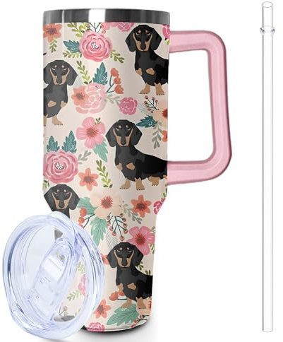 Lumumanber 40 oz Dachshund Tumbler with Handle and Straw, Dog Travel Mug Water Bottle, Stainless Steel Insulated Cup with Lid and Straw, Birthday Christmas Gifts