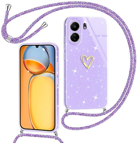 Yichxu Handyband für Xiaomi Redmi 13C/ Xiaomi Poco C65 Hülle mit Band, Glitzer Herz Silikon Handyhülle Kordel, Schutzhülle mit Kette Stoßfest Handy Necklace Hülle für Redmi 13C, Lila