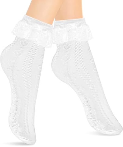 AFCJLTO 1 Par Calcetines Tobilleros de Algodón con Encaje y Volantes para Niñas, Calcetines tobilleros de encaje con volantes, Diseño de Princesa Hada, Vestidos Bonitos, Elásticos y Cómodos - Blanc