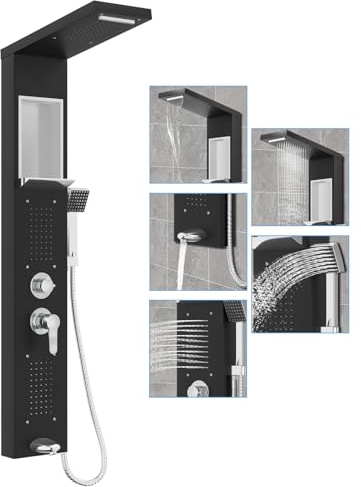 UISEBRT Duschpaneel Edelstahl, 5 Funktionen Duschsystem Duscharmatur Komplettset mit Regendusche, Wasserfall, Handbrause, 2 Massagedüsen, Wanneneinlauf (Schwarz)