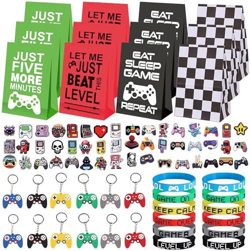 Video Gamer Party Bag Fillers - 86Pcs Video Game Keychain Boy Party Favours Silicone Bracelet Stickers Gaming Gift Bags Gaming Keyrings Present for Kids Boys Girls Birthday Party Supplies