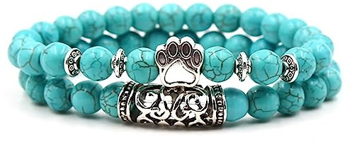 Tolldek 8mm Türkis Armband, Pfote Anhänger Damen & Herren Armbänder, Echten Natursteinen Chakra Armband Tolle Geschenkidee, 19CM, Türkis