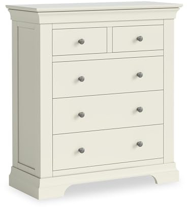 RoselandFurniture Colette Cream 2 Over 3 Chest of Drawers for Bedroom | Fully Assembled, Wooden Storage Dresser with Plinth Base, Painted Pine, French Style, H95cm W85cm D38cm