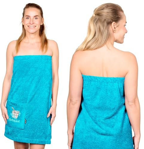 Lashuma Saunakilt Dame L - XXL, Lillby Frottee Saunahandtuch, Saunatuch Baumwolle Blau - Aquamarin mit Klettverschluss u. Gummizug