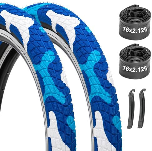 Fahrradreifen 16x2.125 2er Pack mit Schläuchen & Hebeln - Kompatibel mit Kinderfahrrad, BMX, MTB, Mountainbike - Camo Blue Design, Dicker Gummi, Pannenschutz, Ersatzreifen & Innenschläuche