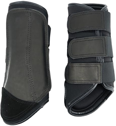 QMYBROW Bürstenpferdstiefel Pferdestiefel Gamaschen Schützer | Schutzausrüstung und Trainingsgeräte | Neopren, wasserdichtes Tuch und echtes Leder (Schwarz, Cob (Mittel))