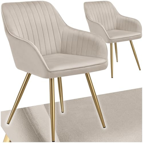 tectake® Sedie da Pranzo Effetto Velluto Trapuntato, Elegante, Imbottitura Schiuma Alta Densità, Gambe in Acciaio, Montaggio Semplice - Tortora/Oro, 2 Sedie
