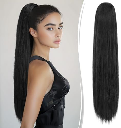 RUWISS Lang Glattes Pferdeschwanz Haarteil - 70 cm Kordelzug Clip Pferdeschwanz Haarverlängerungen Synthetik Zopf Haar Extension für Damen Tägliche (Schwarz)
