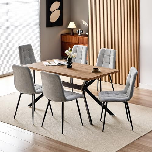 WAFTING Essgruppe Esstisch mit 6 Stühlen, 140×80×73cm HDF Esstisch mit Dunkle Holzmaserung, und Gepolsterte Grau Esszimmerstühle mit hoher Rückenlehne und Leinendesign, für Küche Esszimmer, Wohnzimmer