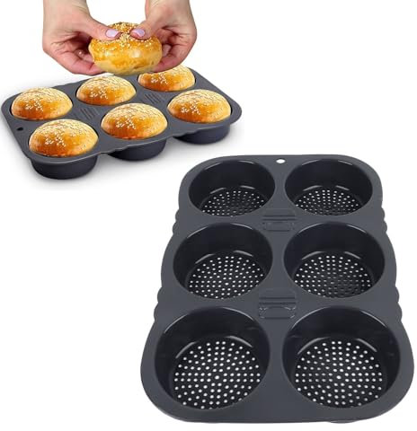 Segutage Moule Pain Burger, 6 Cavités Moule à Burger pour Four Bun en Silicone Rond 10cm Moule Cake Factory pour Pain Hamburger pour la Cuisson à Domicile