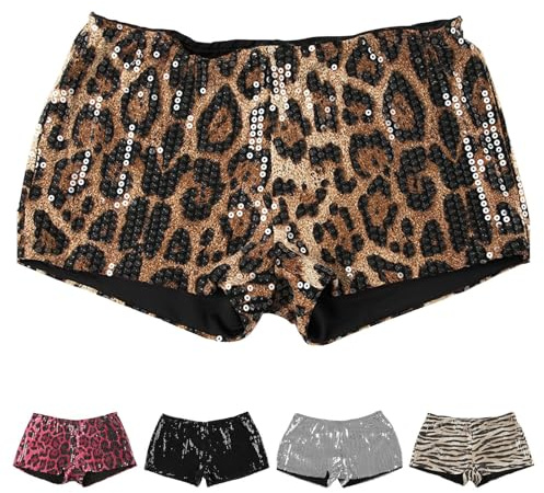 Generisch Pailletten Hose Kurz Damen Leoprint Hotpants Sexy Low Waist Shorts Elastische Taille Pailettenhose Kurze Sommerhose Glitzer Glänzend Shorts Tanz Rave Party Outfits Karneval Kostüm 2026